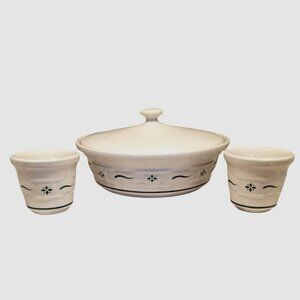 VTG Lot Longaberger Green Round 1 Qt Casserole w Lid, 2 Votive Cups Woven Tradit